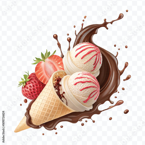 realistic swirling creamy vanilla and strawberry ice cream scoops with chocolate splash isolated on transparent background	