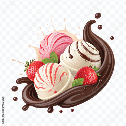 realistic swirling creamy vanilla and strawberry ice cream scoops with chocolate splash isolated on transparent background	