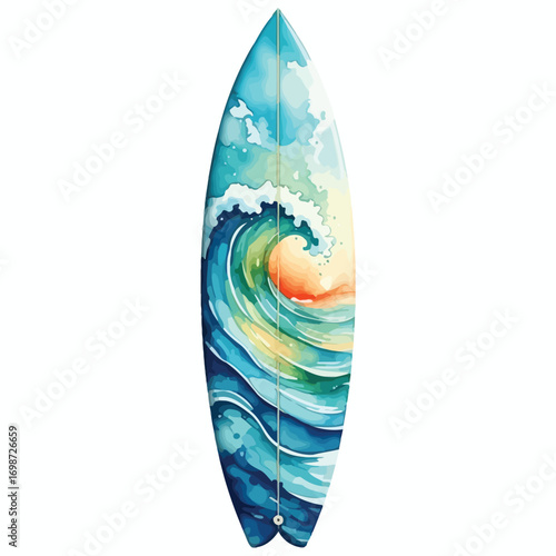 Surfboard with Watercolor Wave and Sunset Design surfing.