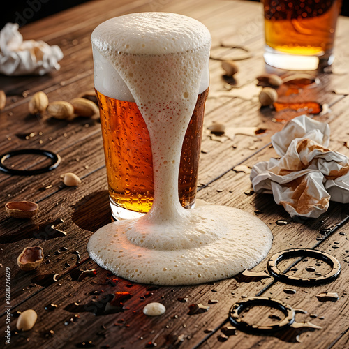 Beer foam overflows in a chaotic party atmosphere with spilled alcohol.