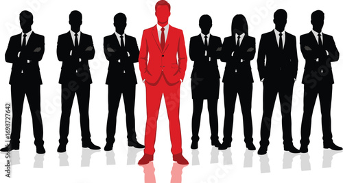 Standing out from the crowd a single person in red suit among many in black suits symbolizing leadership and uniqueness