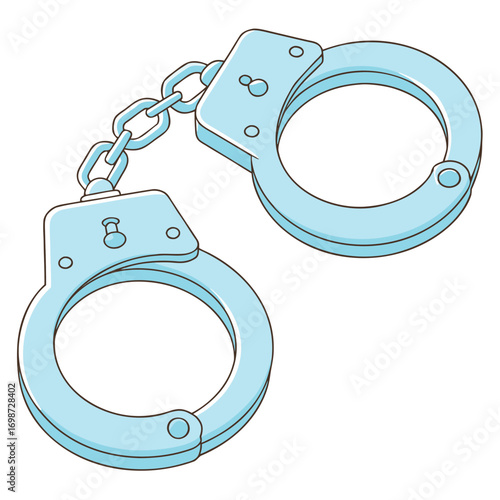 Two powder blue metal handcuffs connected by chain are shown on transparent background