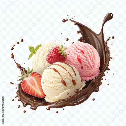 realistic swirling creamy vanilla and strawberry ice cream scoops with chocolate splash isolated on transparent background	
