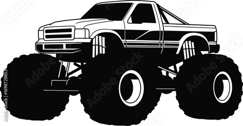 monster truck illustration in black white silhouette on transparent background