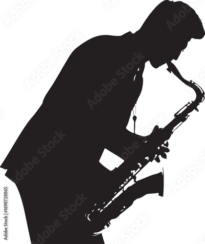 Silhouette of a man playing a saxophone on a white background Keywords: saxophone, musician, jazz, music, silhouette, playing, instrument, performer, solo, entertainment, black and white, man