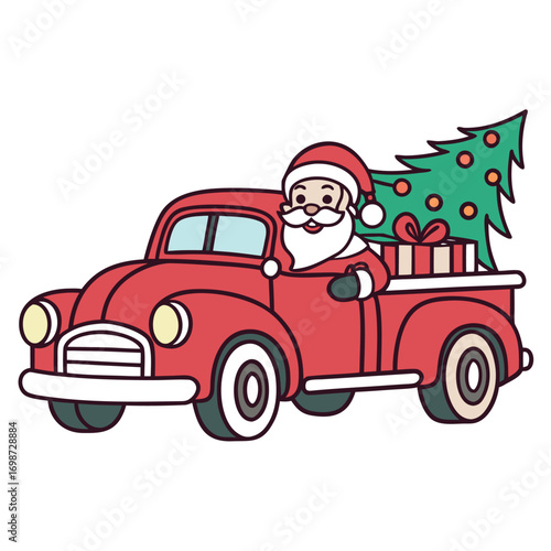 Cartoon Santa Claus is driving a red truck loaded with Christmas tree and gifts
