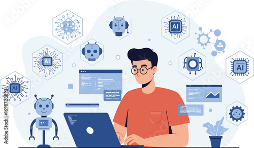 Professional software developer at a desk programming on a laptop, surrounded by icons of artificial intelligence, robotics, and machine learning