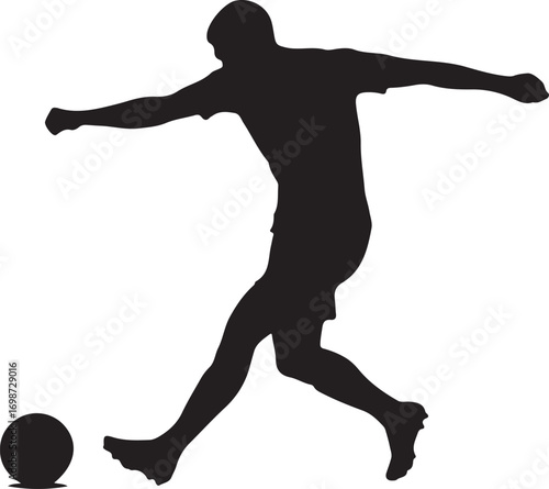 Silhouette of a male soccer player kicking a ball on white background Keywords: soccer, football, player, silhouette, sport, kicking, ball, action, male, athletic, game, competition, training