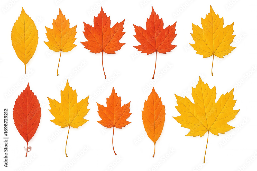 Naklejka premium Ten colorful autumn leaves varying from yellow to orange and red, isolated on transparent background