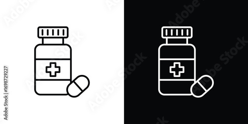 Pill bottle icons. Stroke line art icons