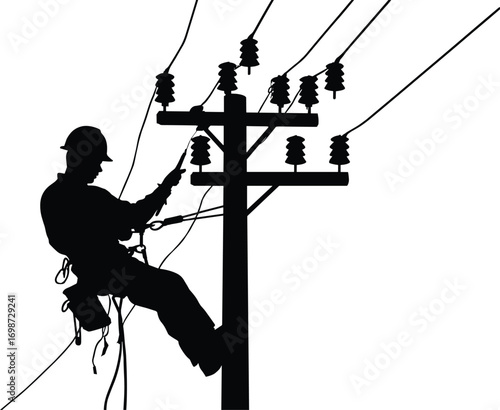 Vector silhouette illustration of a professional lineman technician climbing a utility pole to work on electrical wires