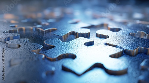 interlocking puzzle pieces metallic blue gradient with a bright horizon abstract perspective