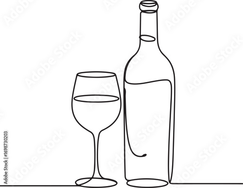 Elegant Line Art of Wine Bottle and Glass - Minimalist Alcohol Drink Illustration for Bar, Restaurant, Menu Design