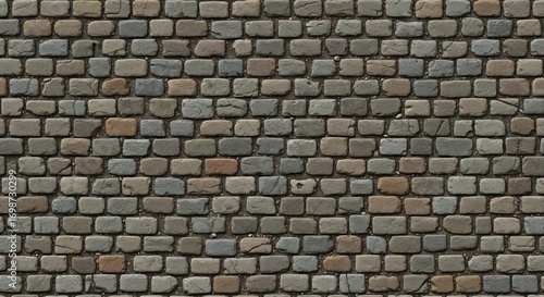 Gray Cobblestone Pavement Texture with Worn Rounded Bricks Full Frame