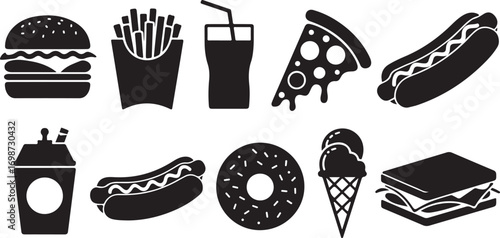 Silhouette vector set of fast food items — burger, fries, soda, pizza, hotdog, donuts, ice cream, sandwich icons