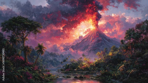 a vibrant volcano erupts in the dense jungle sending ash and lava high into the sky while surrounding flora and fauna are illuminated by the fiery glow during the golden hour