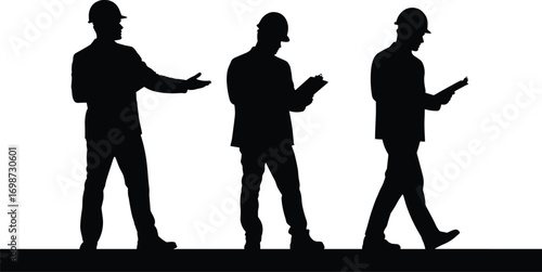 Silhouette of an engineer or architect in different poses, likely reviewing plans or supervising a construction project, on a white background