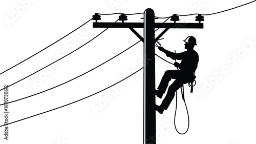 Silhouette of a utility worker on a power pole working with electrical wires, high voltage lines, and safety equipment