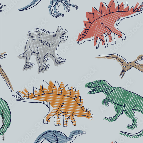 Seamless Dino pattern, print for T-shirts, textiles, wrapping paper, web. Original design with t-rex,dinosaur. grunge design for boys .