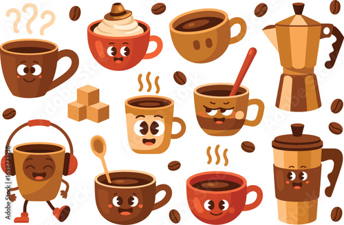 Playful coffee cups with faces and steam, enjoying a morning brew.