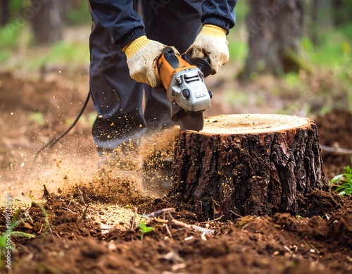 A person using a grinder to remove a tree stump in a forest