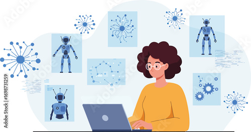 Female engineer engrossed in developing advanced robotics and artificial intelligence systems using a modern digital interface