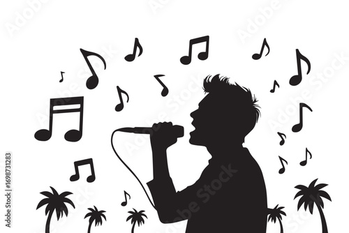 Silhouette of a Man Singing into a Microphone Surrounded by Musical Notes and Palm Trees singer