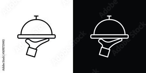 Hand holding tray icons. Stroke line art icons