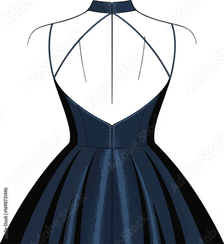 Back view of dark blue formal dress with open back and pleated skirt evening gown