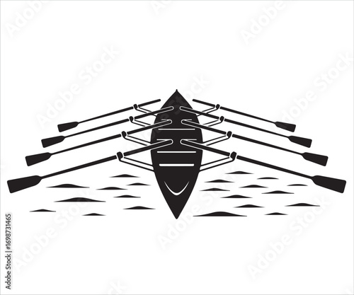 "Silhouette of rowing boat with multiple oars in vector illustration, team sport concept symbolizing teamwork, competition, training, water sports, endurance, fitness, cooperation, and outdoor activit