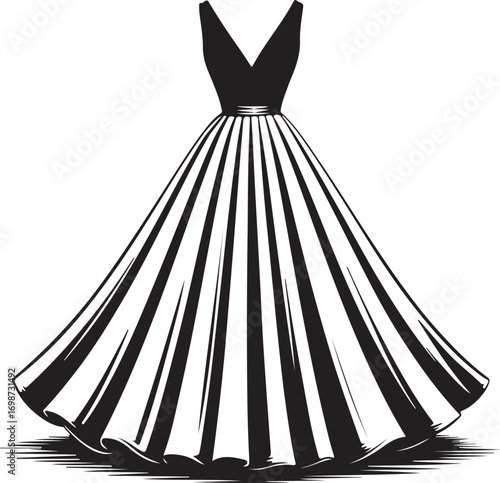 Black and white illustration of a formal ball gown with a fitted bodice Keywords: dress, gown, formal