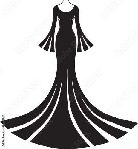 Elegant black gown with long flowing train and flared sleeves on white dress long train