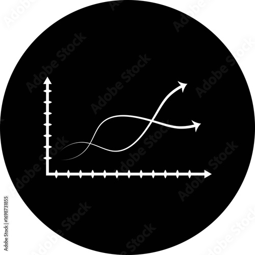 Graph with two curved lines and arrows on a black background in a circular illustration