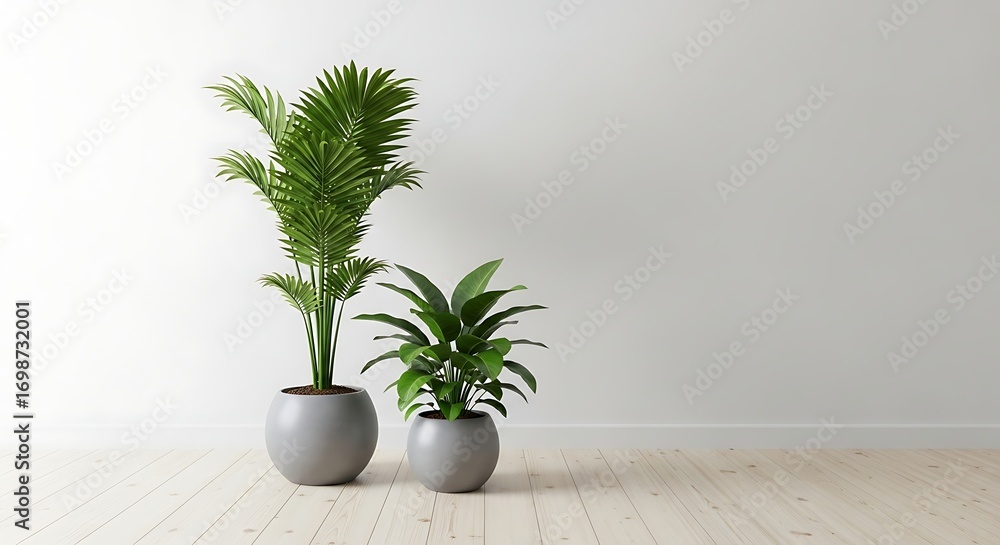 Fototapeta premium Two lush green potted houseplants with broad leaves create a natural and calming indoor atmosphere