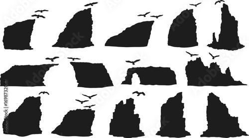 Silhouette of rocky cliffs with flying birds, coastal landscape vector, nature design, sea cliffs illustration, wildlife and ocean scenery.