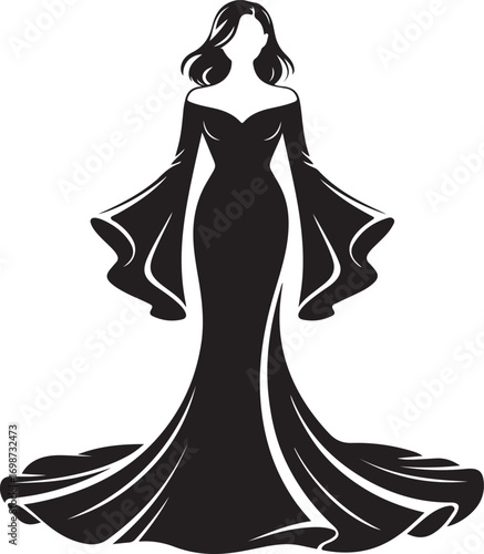 Stylized illustration of woman in black gown with dramatic bell sleeves silhouette black dress