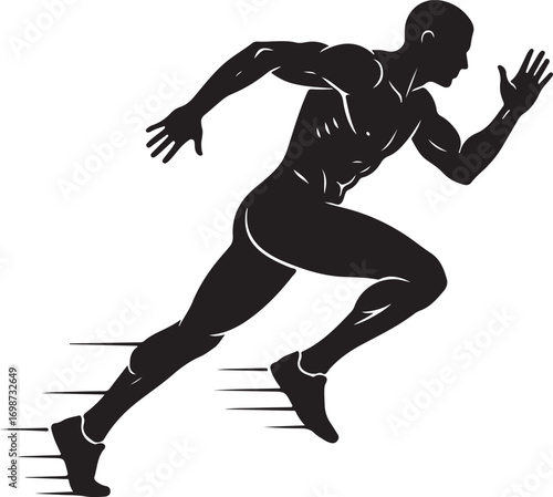 Silhouette of a muscular male runner in full stride with motion lines Keywords: runner, athlete, silhouette, running, speed, motion, power, muscular, male, man, sport, fitness, training, dynamic