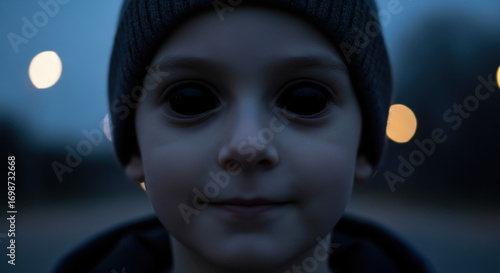 Spooky child with black eyes stares intensely in eerie scene, a portrait of fearful youth. This child with black eyes evokes chilling image, creating suspenseful, unsettling atmosphere,