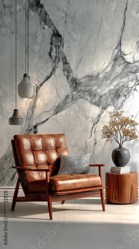 Elegant Brown Leather Armchair Next to a Wooden Side Table With a Vase and Pl...