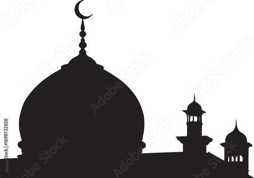 Silhouette of a mosque dome and minarets against a white background islamic architecture