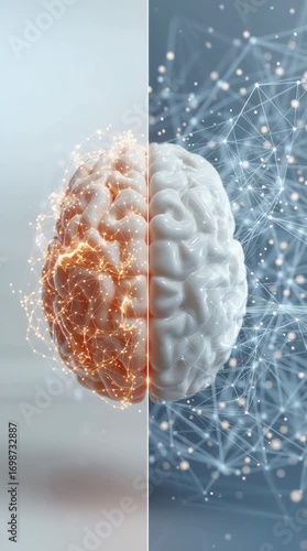 A human brain with neural connections, impulses, sparkling nodes, geometric connections.