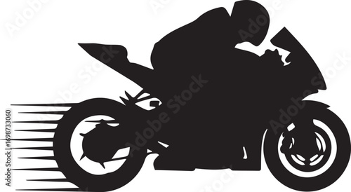 Silhouette of a motorcycle racer on a sportbike with motion blur on white background Keywords: motorcycle, racer, sportbike, silhouette, speed, motion, blur, racing, helmet, rider, vehicle, fast