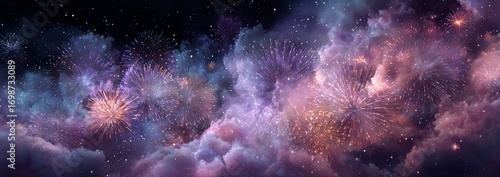 Colorful Fireworks Illuminate the Night Sky Over a Festive Celebration in a V...