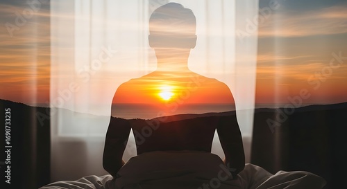 Man meditating with sunrise landscape double exposure.