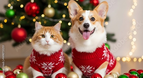 Cute corgi dog and cat wearing christmas sweaters with tree