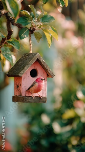 Bird Perched on Colorful Birdhouse in Garden During Sunny Daytime