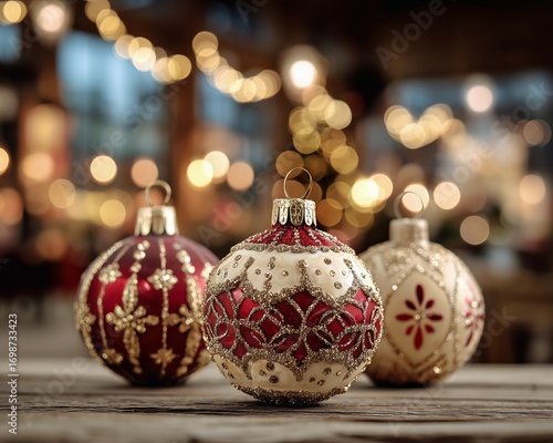 Festive Holiday Ornaments With Intricate Designs Set Against a Cozy Blurred B...