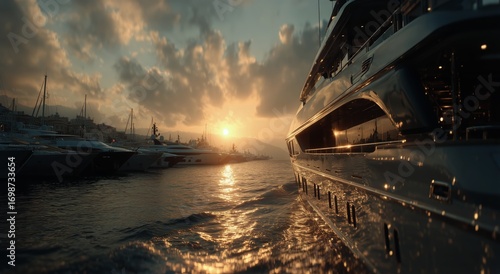 Sunset Over the Marina With Luxurious Yachts Anchored in Calm Waters