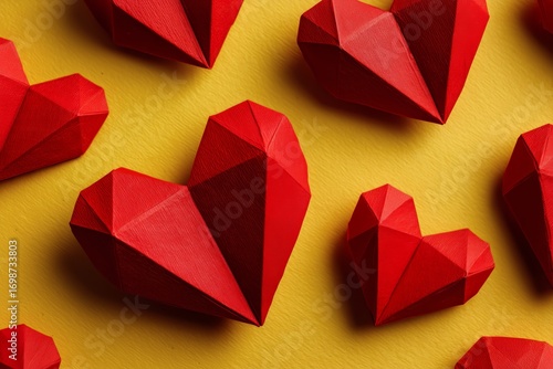 Colorful Origami Hearts Arranged on a Bright Yellow Surface for a Festive Dec...