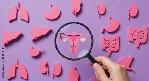 Medical illustration of the female reproductive system and other organs viewed under a magnifying glass